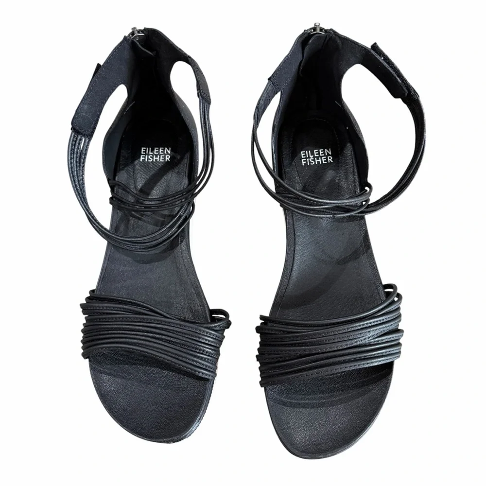 Eileen Fisher Strappy Sandals Size 9 Black Leather Shea Open Toe Sporty